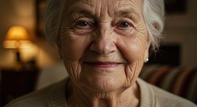 Close up portrait of a smiling elderly woman with gray hair and wrinkles looking at the camera - Powered by Adobe