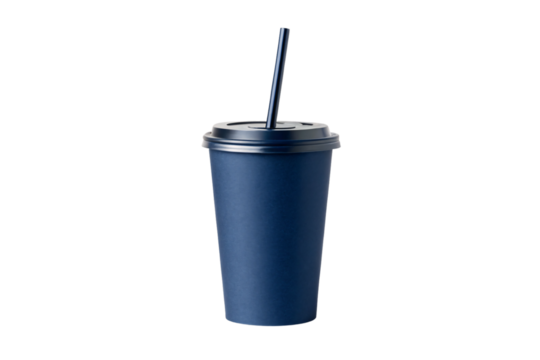 Navy blue disposable coffee cup with matching lid and black plastic straw, isolated on a transparent background