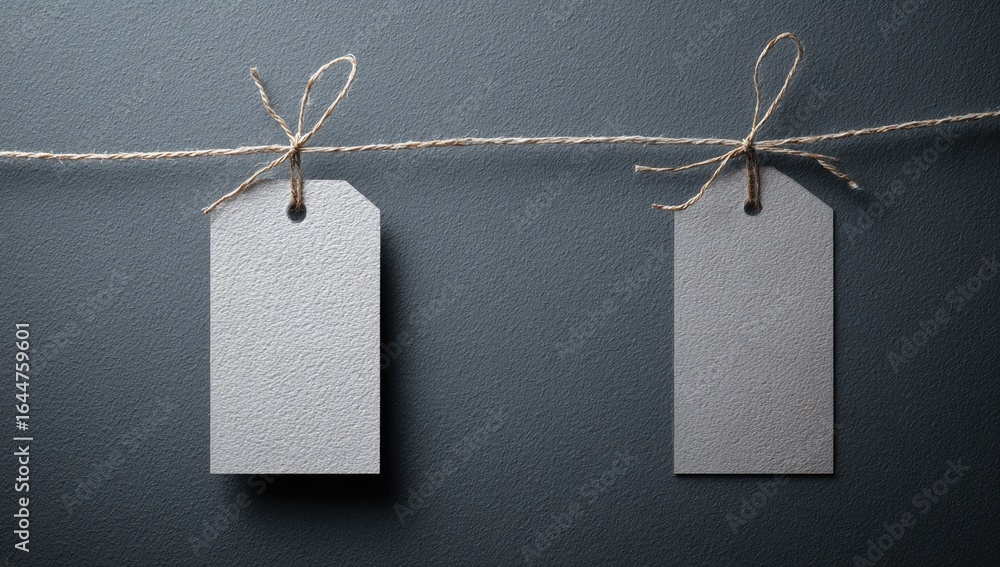 Poster two blank, rectangular tags hang from twine against a dark gray background, secured with simple twin