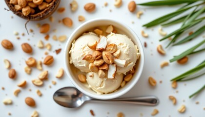 Fototapeta premium Flat lay of coconut ice cream in a small white bowl, topped with roasted peanuts and coconut strips