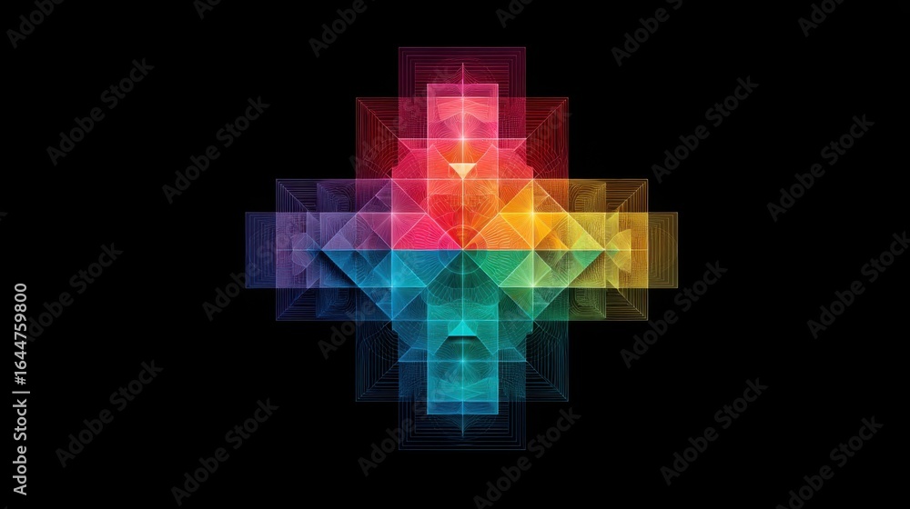 Poster intricate cross design featuring a vibrant and colorful pattern overlaying a fibonacci bias grid con