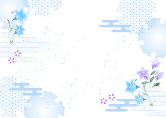 和柄 涼しげな百合のベクターフレーム背景 日本の夏 水色 透明 Japanese pattern cool lily vector frame background Japanese summer light blue transparent