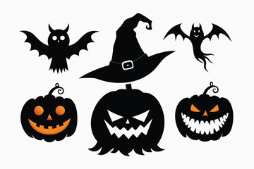 Obraz premium Spooky Halloween Art Black Silhouettes of Bats, Pumpkins, and a Witch Hat Design