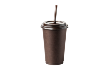 Brown disposable coffee cup with black domed lid and brown straw inserted through center opening, isolated on a transparent background