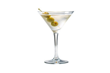 Classic martini cocktail in stemmed glass with three green olives on cocktail pick garnish, isolated on a transparent background