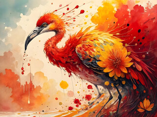 Vibrant scarlet ibis with fiery plumage and floral accents bird orange