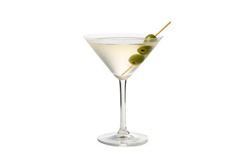 Martini glass filled with clear liquid, garnished with three green olives on wooden pick, isolated on a transparent background