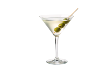 Classic martini cocktail in stemmed glass with olive garnish and cocktail pick presentation, isolated on a transparent background
