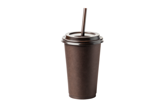 Brown disposable coffee cup with black domed lid and brown straw inserted through center opening, isolated on a transparent background