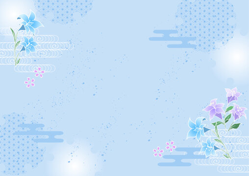 和柄 涼しげな百合のベクターフレーム背景 日本の夏 水色 透明 Japanese pattern cool lily vector frame background Japanese summer light blue 