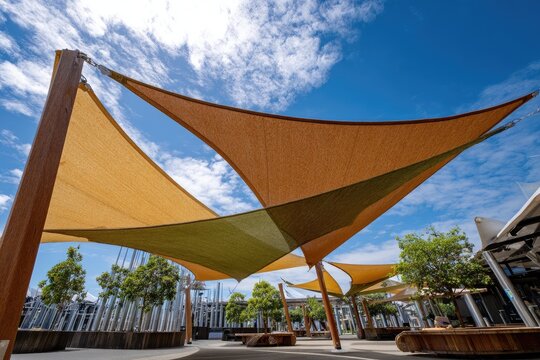 Outdoor triangular sunshades, light brown and olive green, supported by wooden posts.  Sunny day
