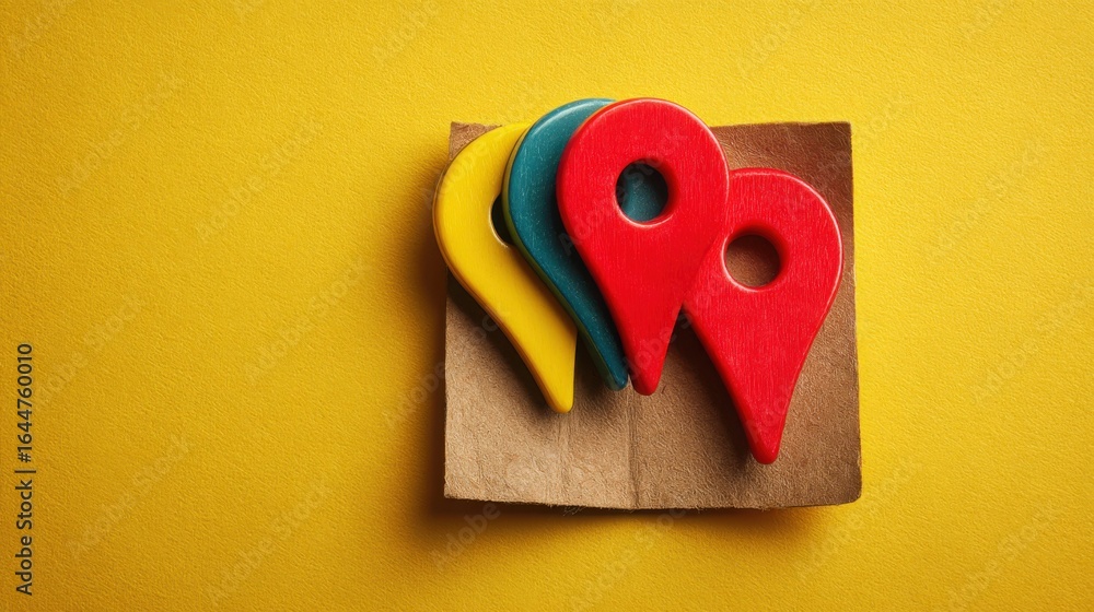 Poster bright red and blue pin set against a yellow background highlighting a fibonacci pullback map icon c