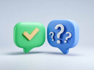 Two 3D speech bubbles, one green with a checkmark, one blue with question marks, on a light-gray background