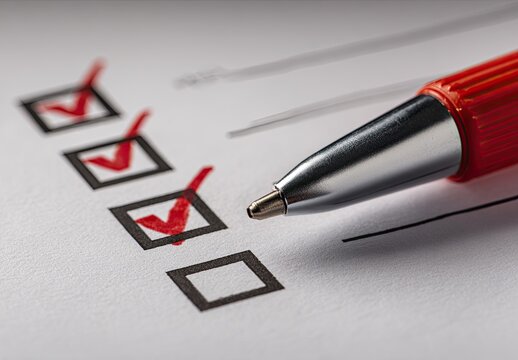 Close-up of a checklist with red checkmarks and a pen - Powered by Adobe