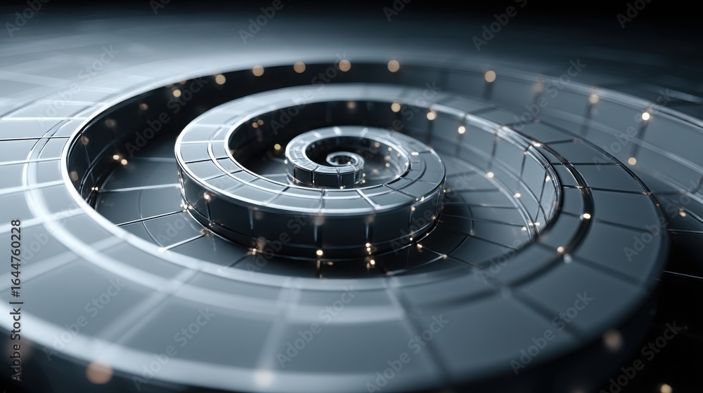 Poster unique spiral shaped object representing fibonacci rotation grid for structural design and market an