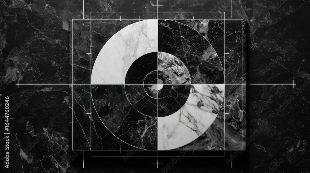 Poster marble surface with black and white circle depicting fibonacci trap zones concept warning of false m