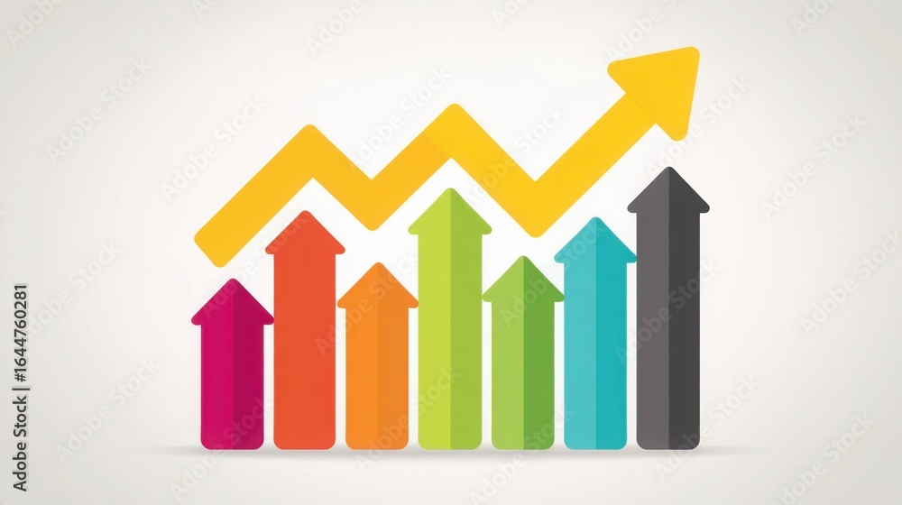 Poster vibrant and colorful arrow graph illustrating financial trends with layered lines based on fibonacci
