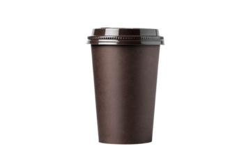 Brown disposable coffee cup with black plastic dome lid featuring ridged edges and smooth sides, isolated on a transparent background
