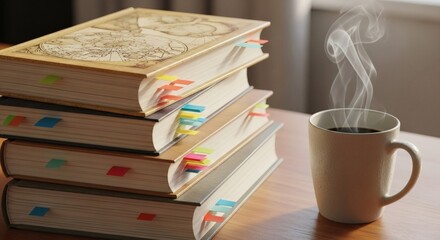 A stack of thick books with colorful bookmarks sits next to a steaming mug of hot coffee on a wooden desk.