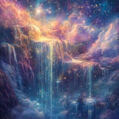 Celestial Dreamfall II A cascade of radiant dreams falling like gentle rain over surreal landscapes calming and visionary