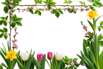 Spring flower border with pink blossoms, tulips, daffodils and green branches arranged decoratively, isolated on a transparent background