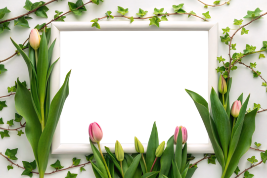 White picture frame surrounded by green ivy vines, pink tulip buds and natural botanical elements, isolated on a transparent background