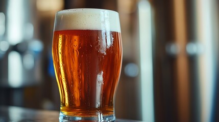 A close-up of freshly brewed beer with a frothy head in a pint glass, showcasing the brewing equipment in the background.