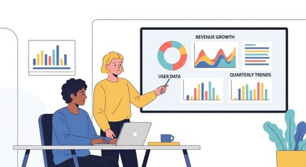 A team of professionals analyzes business data and charts on multiple screens in a modern office.