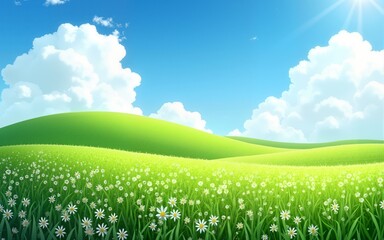Obraz premium A serene landscape of lush green fields dotted with white flowers under a bright blue sky and fluffy clouds. High quality