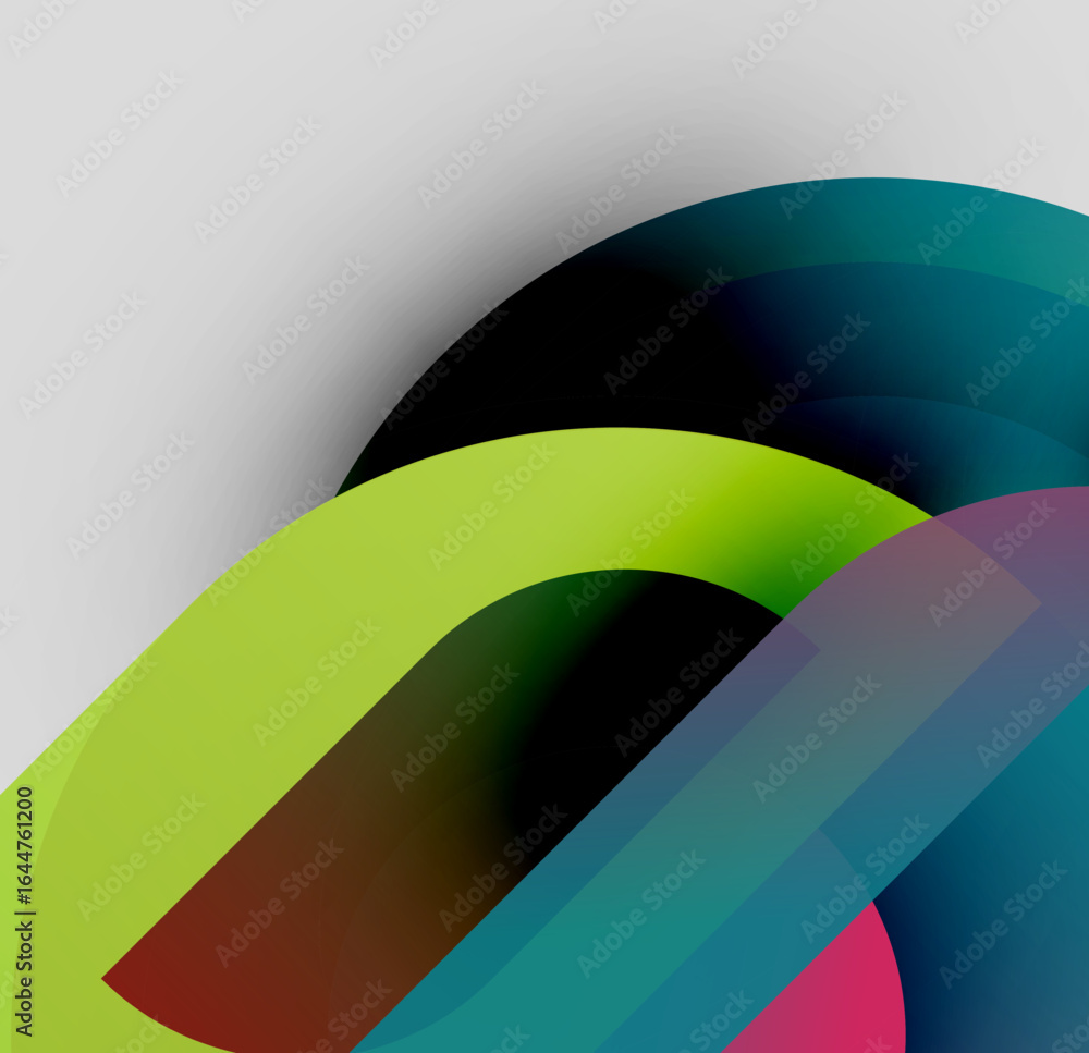 Poster abstract composition. overlapping curved shapes create dynamic visual effect. colors blend, forming 