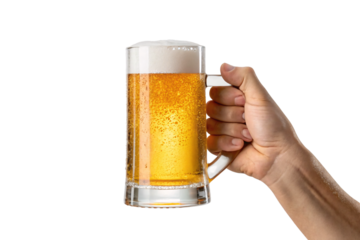 Hand holding golden beer mug with white foam head and condensation droplets on glass surface, isolated on a transparent background