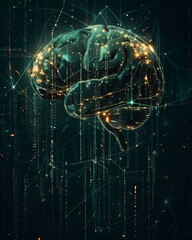 AI Brain with Glowing Data Nodes on Dark Background – Futuristic Digital Concept