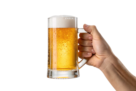 Hand holding golden beer mug with white foam head and condensation droplets on glass surface, isolated on a transparent background