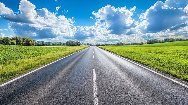 A picturesque two-lane countryside road surrounded by lush green fields and a vibrant blue sky dotted with fluffy clouds.