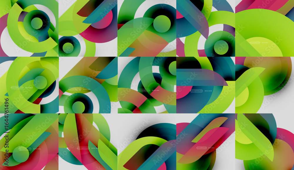 Poster abstract geometric patterns. vibrant colors blend, creating dynamic circular designs. modern aesthet