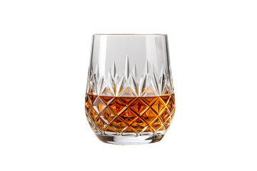 Elegant cut crystal tumbler glass filled with golden amber whiskey featuring intricate geometric diamond patterns, isolated on a transparent background