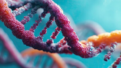 A detailed 3D rendering of a DNA double helix, depicted with a textured, granular surface in shades of deep red and orange against a soft teal background.