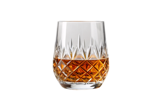 Elegant cut crystal tumbler glass filled with golden amber whiskey featuring intricate geometric diamond patterns, isolated on a transparent background