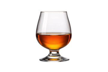Elegant cognac snifter filled with golden amber whiskey or brandy spirit, isolated on a transparent background