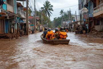 Afternoon in a flood zone with muddy streets A rescue team carries people to safety in a small boat The mood is urgent and determined, Generative AI