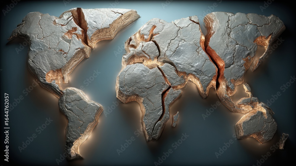 Poster Intricate world map crafted from silver and copper representing global trade and economic patterns in a unique design
