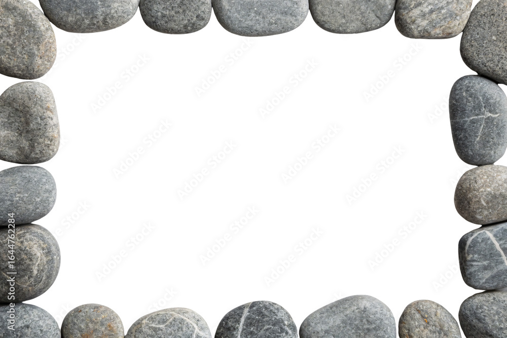Poster natural river stone border frame with smooth gray pebbles arranged in decorative circular pattern, i