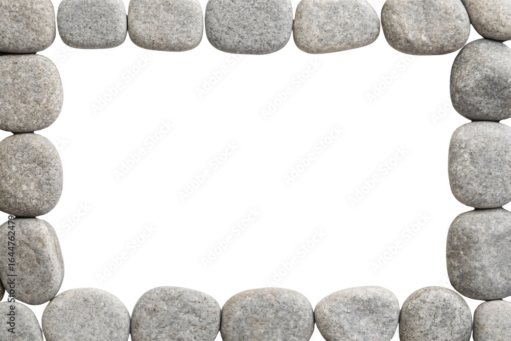Poster gray river rocks arranged in rectangular frame border pattern, isolated on a transparent background