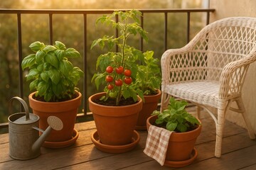 Fototapeta premium Homegrown basil and cherry tomato plants in terracotta pots on a cozy urban balcony at sunset
