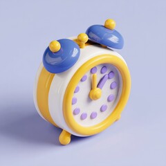 3D rendered, stylized alarm clock.  Bright yellow and white with blue accents.  Rounded, cartoonish design.  Purple clock face details.  Simple, minimalist aesthetic