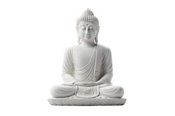 Calm white Buddhist statue with closed eyes in lotus position, isolated on a transparent background