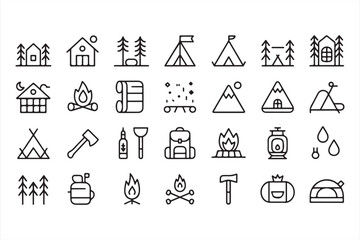Minimal Line Icons of Camping and Outdoor Adventure Equipment