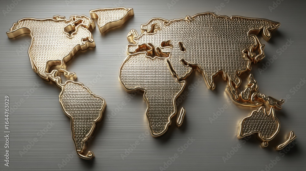 Poster exquisite world map crafted from gleaming gold highlighting continents and oceans with intricate det