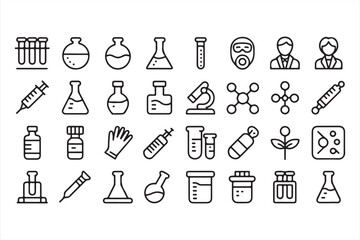 Modern Line Icons of Laboratory Testing, Analysis, and Experimentation