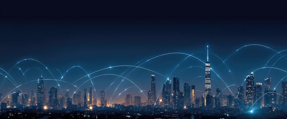 City skyline at night, connected by a network of glowing lines